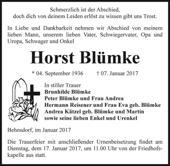 Traueranzeige von Horst Blümke  von Magdeburger Volksstimme