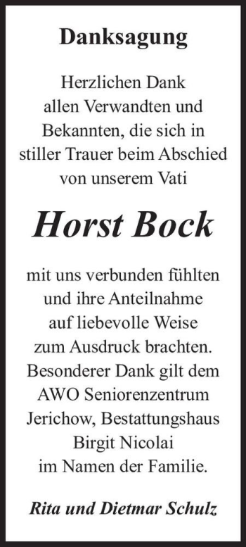 Traueranzeige von Horst Bock  von Magdeburger Volksstimme