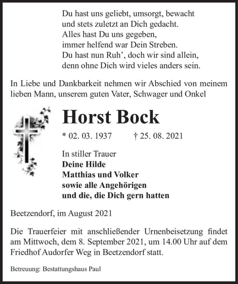  Traueranzeige für Horst Bock  vom 28.08.2021 aus Magdeburger Volksstimme