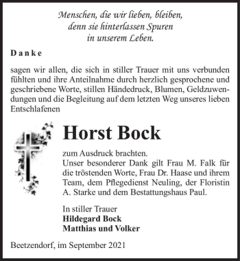 Traueranzeige von Horst Bock  von Magdeburger Volksstimme