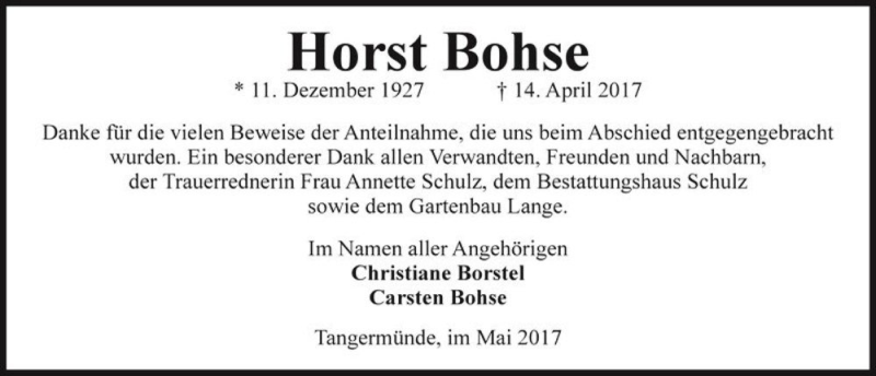  Traueranzeige für Horst Bohse  vom 20.05.2017 aus Magdeburger Volksstimme