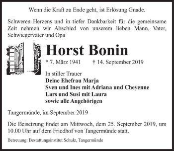 Traueranzeige von Horst Bonin  von Magdeburger Volksstimme