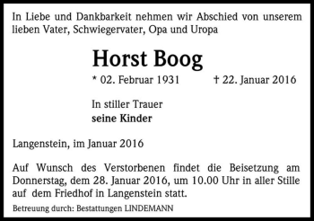 Traueranzeige von Horst Boog  von Magdeburger Volksstimme