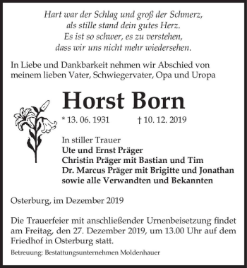 Traueranzeige von Horst Born  von Magdeburger Volksstimme