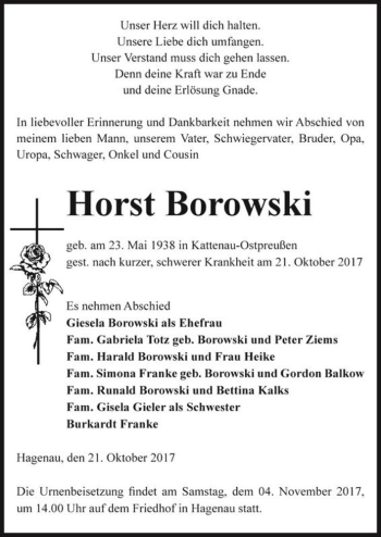 Traueranzeige von Horst Borowski  von Magdeburger Volksstimme