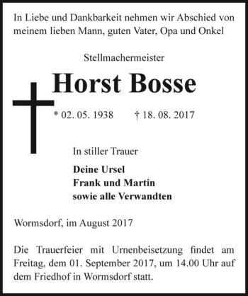 Traueranzeige von Horst Bosse  von Magdeburger Volksstimme