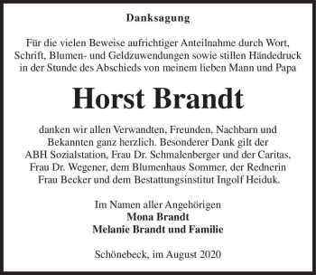 Traueranzeige von Horst Brandt  von Magdeburger Volksstimme