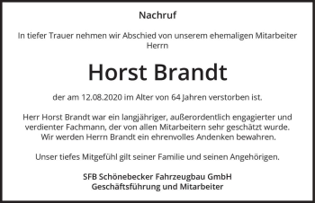 Traueranzeige von Horst Brandt  von Magdeburger Volksstimme