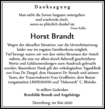Traueranzeige von Horst Brandt  von Magdeburger Volksstimme