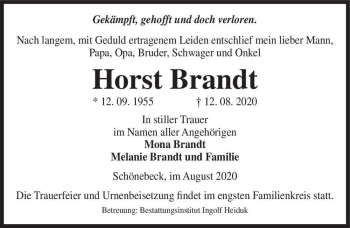 Traueranzeige von Horst Brandt  von Magdeburger Volksstimme
