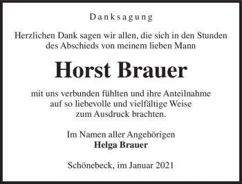 Traueranzeige von Horst Brauer  von Magdeburger Volksstimme