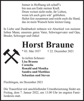 Traueranzeige von Horst Braune  von Magdeburger Volksstimme