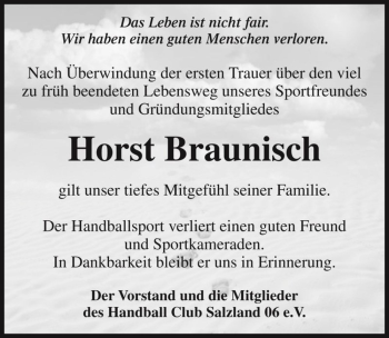 Traueranzeige von Horst Braunisch  von Magdeburger Volksstimme