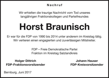 Traueranzeige von Horst Braunisch  von Magdeburger Volksstimme