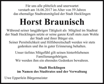 Traueranzeige von Horst Braunisch  von Magdeburger Volksstimme