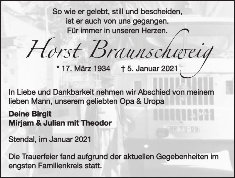 Traueranzeige für Horst Braunschweig  vom 27.01.2021 aus Magdeburger Volksstimme