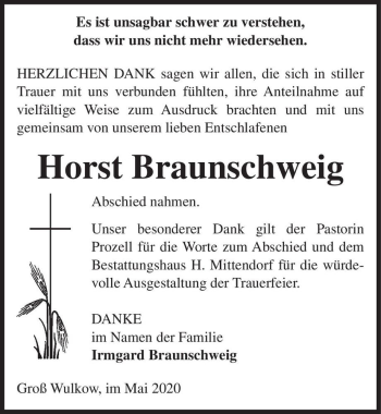 Traueranzeige von Horst Braunschweig  von Magdeburger Volksstimme