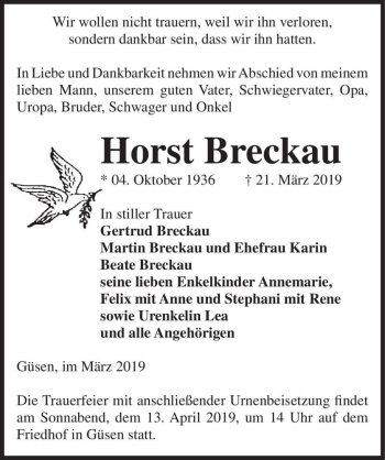Traueranzeige von Horst Breckau  von Magdeburger Volksstimme