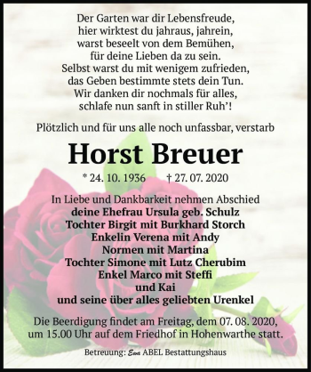 Traueranzeige von Horst Breuer  von Magdeburger Volksstimme