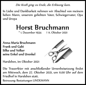 Traueranzeige von Horst Bruchmann  von Magdeburger Volksstimme