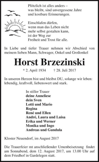 Traueranzeige von Horst Brzezinski  von Magdeburger Volksstimme