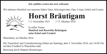 Traueranzeige von Horst Bräutigam  von Magdeburger Volksstimme
