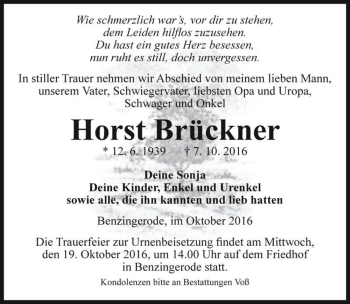 Traueranzeige von Horst Brückner  von Magdeburger Volksstimme