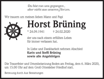 Traueranzeige von Horst Brüning  von Magdeburger Volksstimme