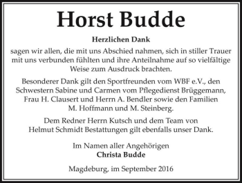 Traueranzeige von Horst Budde  von Magdeburger Volksstimme