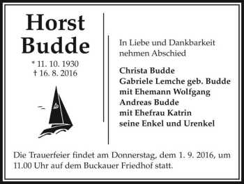 Traueranzeige von Horst Budde  von Magdeburger Volksstimme