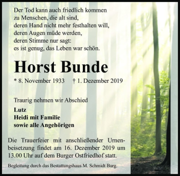 Traueranzeige von Horst Bunde  von Magdeburger Volksstimme