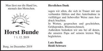 Traueranzeige von Horst Bunde  von Magdeburger Volksstimme