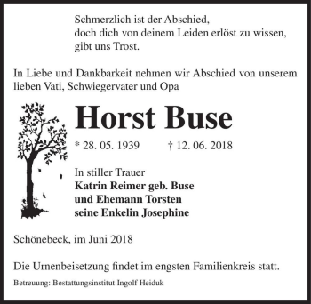 Traueranzeige von Horst Buse  von Magdeburger Volksstimme