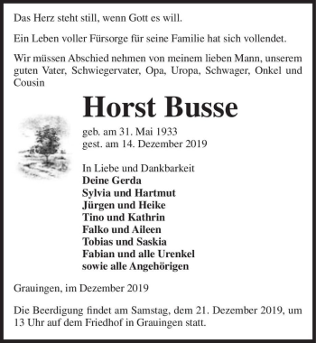 Traueranzeige von Horst Busse  von Magdeburger Volksstimme