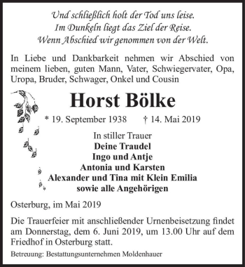 Traueranzeige von Horst Bölke  von Magdeburger Volksstimme