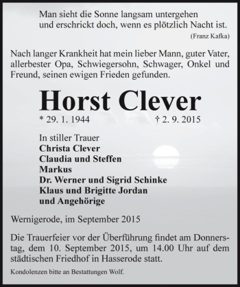 Traueranzeige von Horst Clever  von Magdeburger Volksstimme