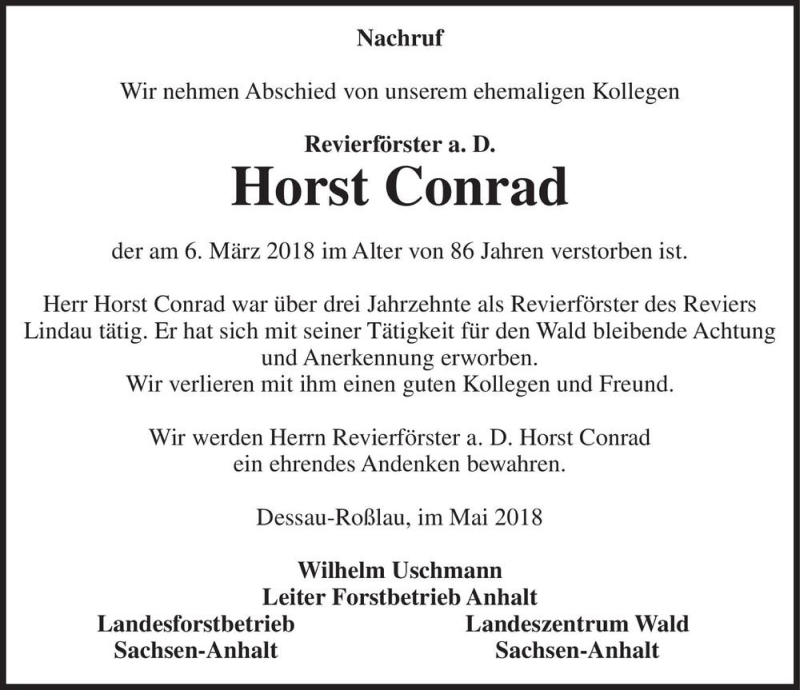  Traueranzeige für Horst Conrad  vom 05.05.2018 aus Magdeburger Volksstimme