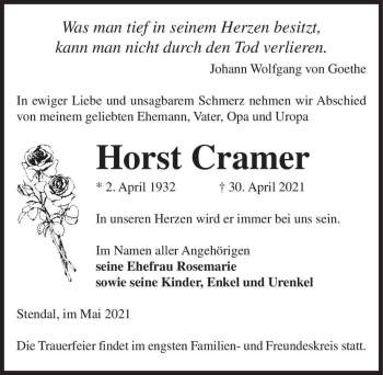 Traueranzeige von Horst Cramer  von Magdeburger Volksstimme