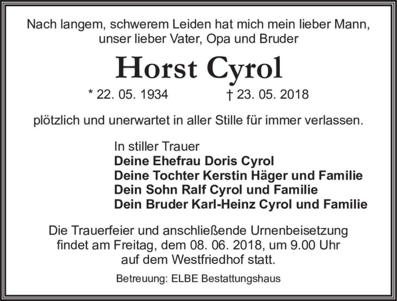  Traueranzeige für Horst Cyrol  vom 26.05.2018 aus Magdeburger Volksstimme