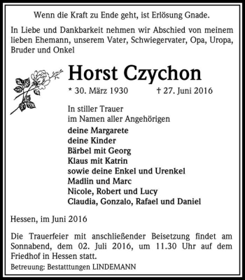 Traueranzeige von Horst Czychon  von Magdeburger Volksstimme