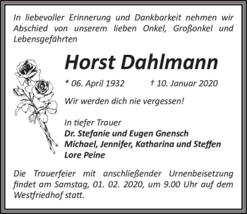 Traueranzeige von Horst Dahlmann  von Magdeburger Volksstimme