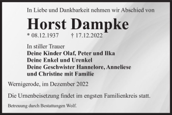 Traueranzeige von Horst Dampke  von Magdeburger Volksstimme
