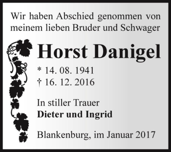 Traueranzeige von Horst Danigel  von Magdeburger Volksstimme