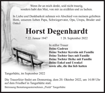 Traueranzeige von Horst Degenhardt  von Magdeburger Volksstimme