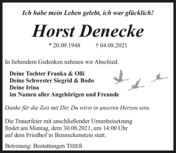 Traueranzeige von Horst Denecke  von Magdeburger Volksstimme