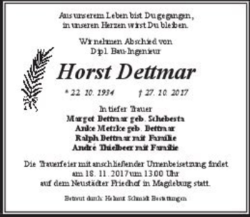 Traueranzeige von Horst Dettmar  von Magdeburger Volksstimme