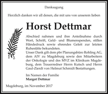 Traueranzeige von Horst Dettmar  von Magdeburger Volksstimme