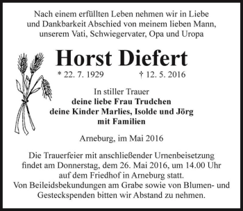Traueranzeige von Horst Diefert  von Magdeburger Volksstimme
