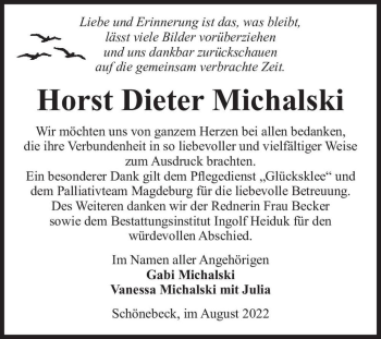 Traueranzeige von Horst Dieter Michalski  von Magdeburger Volksstimme