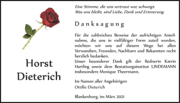 Traueranzeige von Horst Dieterich  von Magdeburger Volksstimme
